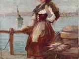 painting of a woman standing on a pier next to a body of water