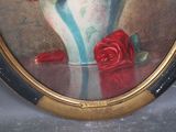 a picture of a painting of a vase with roses in it