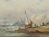 an image of a painting of a boat on a beach next to a body of water