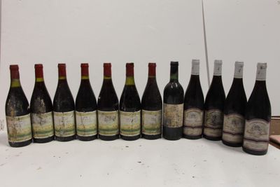 several bottles of wine are lined up on a table