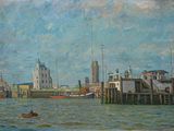 un tableau représentant un bateau sur l'eau près d'une ville