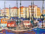 une peinture de bateaux dans un port avec des bâtiments à l'arrière-plan