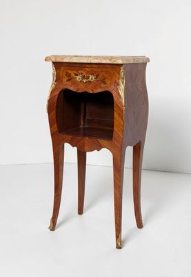 an image of a small wooden table with a marble top