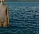 painting of a naked woman standing in the ocean with mountains in the background