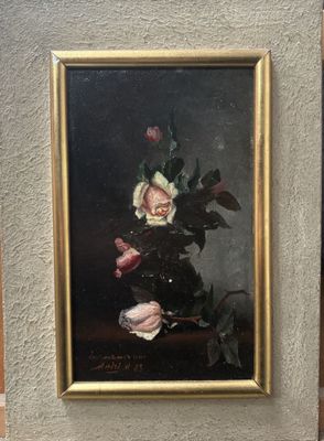 painting of flowers in a vase on a table next to a wall