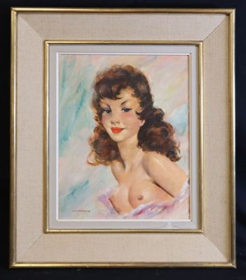 an oil painting of a woman in a pink dress in a gold frame