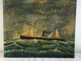 une vieille peinture représentant un bateau en mer sur un fond blanc