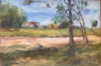 a painting of a man sitting on a bench in a field