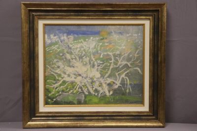 a painting of an apple tree with white flowers in a gold frame