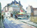 une peinture représentant une scène de rue avec des personnes marchant sur le trottoir