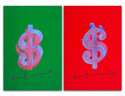 deux tableaux représentant des signes « $ » sur fond rouge, vert et bleu