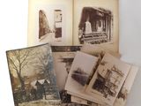 several old black and white photographs of a building and a tree