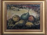 an oil painting of a still life of fruit on a table