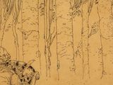a drawing of a man riding a horse in the woods
