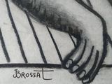 drawing of a person ' s hand holding a piece of paper with writing on it