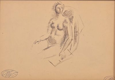 an old drawing of a woman sitting on a chair with her hands on her knees