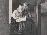 an old black and white drawing of a woman and child reading a book