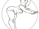 cartoon drawing of a woman in a bathing suit doing a trick with a frisbee
