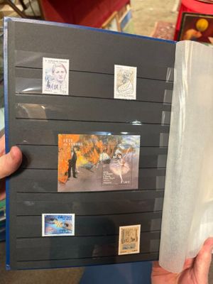 a person holding a book with stamps on it