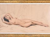 painting of a nude woman laying on a bed in a gold frame