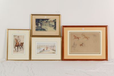 trois tableaux encadrés représentant des chevaux et un homme à cheval, peints par un artiste