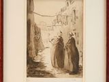 painting of a man and woman walking down a street in a village