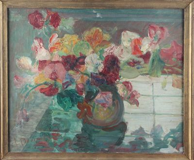 une peinture de fleurs dans un vase sur une table