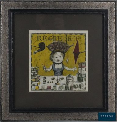 tableau représentant une femme coiffée d'un chapeau, tenant un couteau à la main