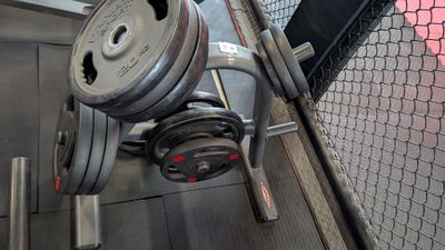 two dumbs on a rack in a gym room