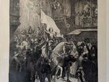 an old picture of a man on a horse being led by a group of people