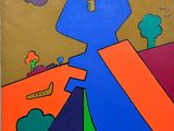 peinture abstraite représentant un homme portant un chapeau bleu et une cravate rouge