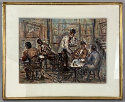 peinture d'un groupe de personnes assises autour d'une table dans une pièce