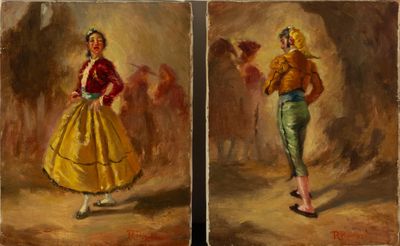 deux tableaux représentant une femme en robe jaune et un homme en chemise rouge
