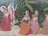 a painting of a group of people walking in a forest