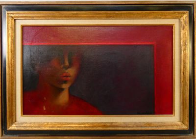 portrait of a woman in a red dress in a gold frame on a red wall