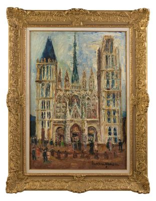 une peinture à l'huile représentant un grand bâtiment avec une tour horloge en arrière-plan