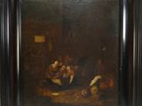 une peinture à l'huile représentant un groupe de personnes jouant de la musique dans une grange