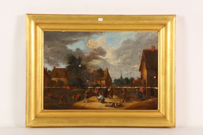 an image of a painting of a village scene with a horse drawn carriage
