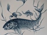 a blue and white plate with a fish design on it