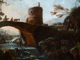 a painting of a man riding a horse over a bridge