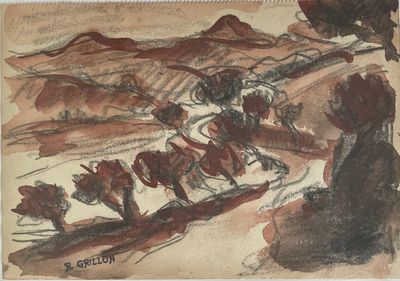 dessin représentant un homme dans une calèche tirée par des chevaux, au milieu d'un paysage montagneux