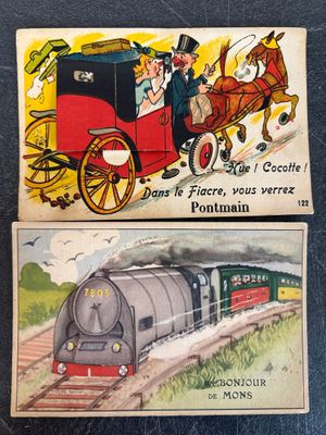 two old postcards of a train and a horse drawn carriage
