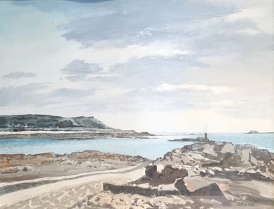 un tableau représentant un phare au bord de l'océan