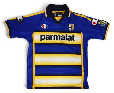 a close up of a blue and yellow soccer jersey