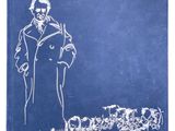 un livre bleu sur lequel est dessiné un homme en costume-cravate