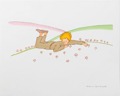 dessin représentant un garçon allongé sur le ventre sur un fond vert et rose