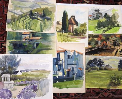 several watercolor paintings of a farm, a house, a bridge, and a church
