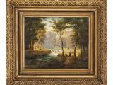 un tableau représentant une scène au bord d'une rivière, avec un homme et un chien au premier plan