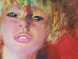 an oil painting of a woman with blonde hair wearing a black dress