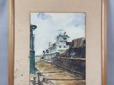 framed watercolor painting of a tugboat docked at a dock
